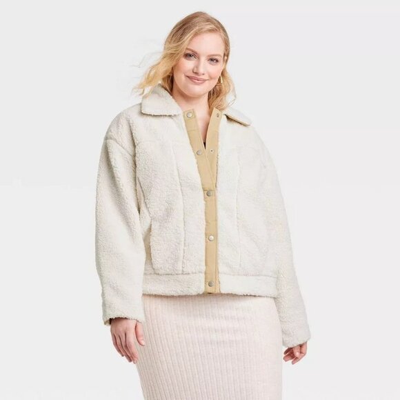 Universal Thread Faux Fur Snap Button Jacket Ivory Size L - Picture 1 of 7
